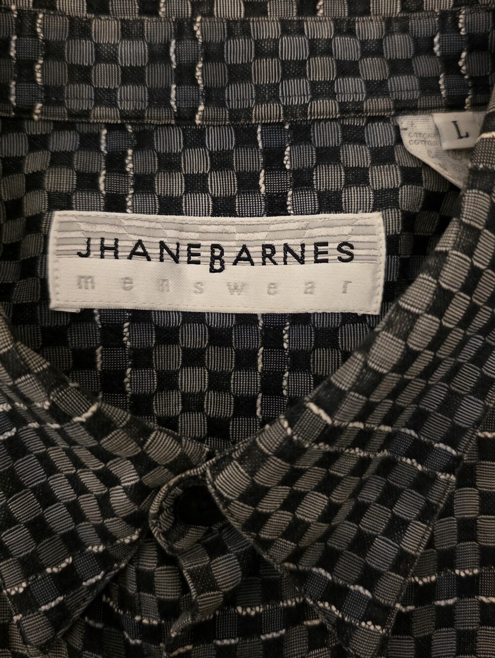 Jhane Barnes Men's Shirt in Black and Gray Checker Size L